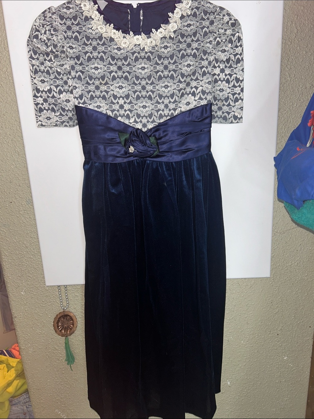 Navy Blue Lace Bodice Girls' Party Dress with Satin Waist